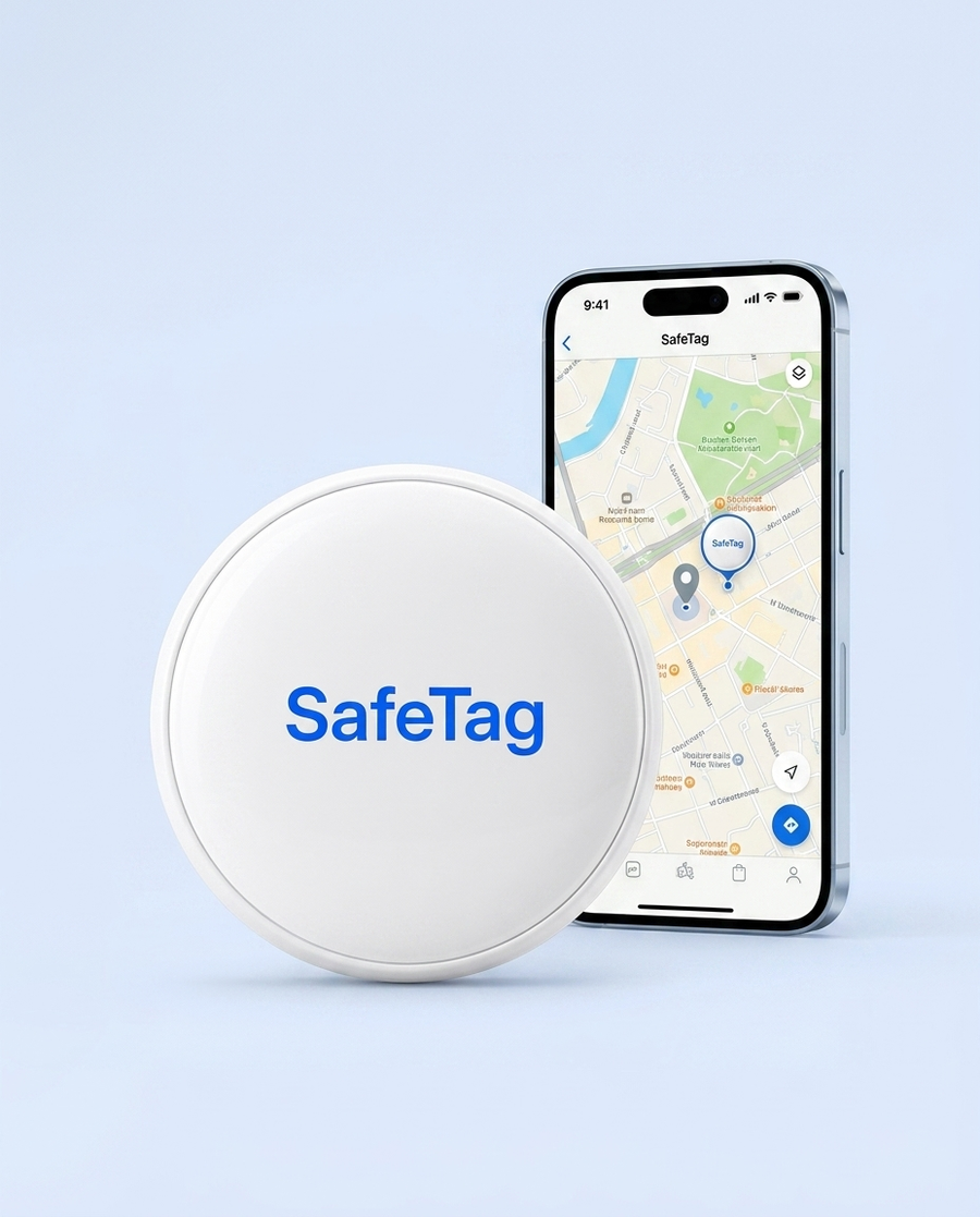 SafeTag hero - urun ve telefon mockup